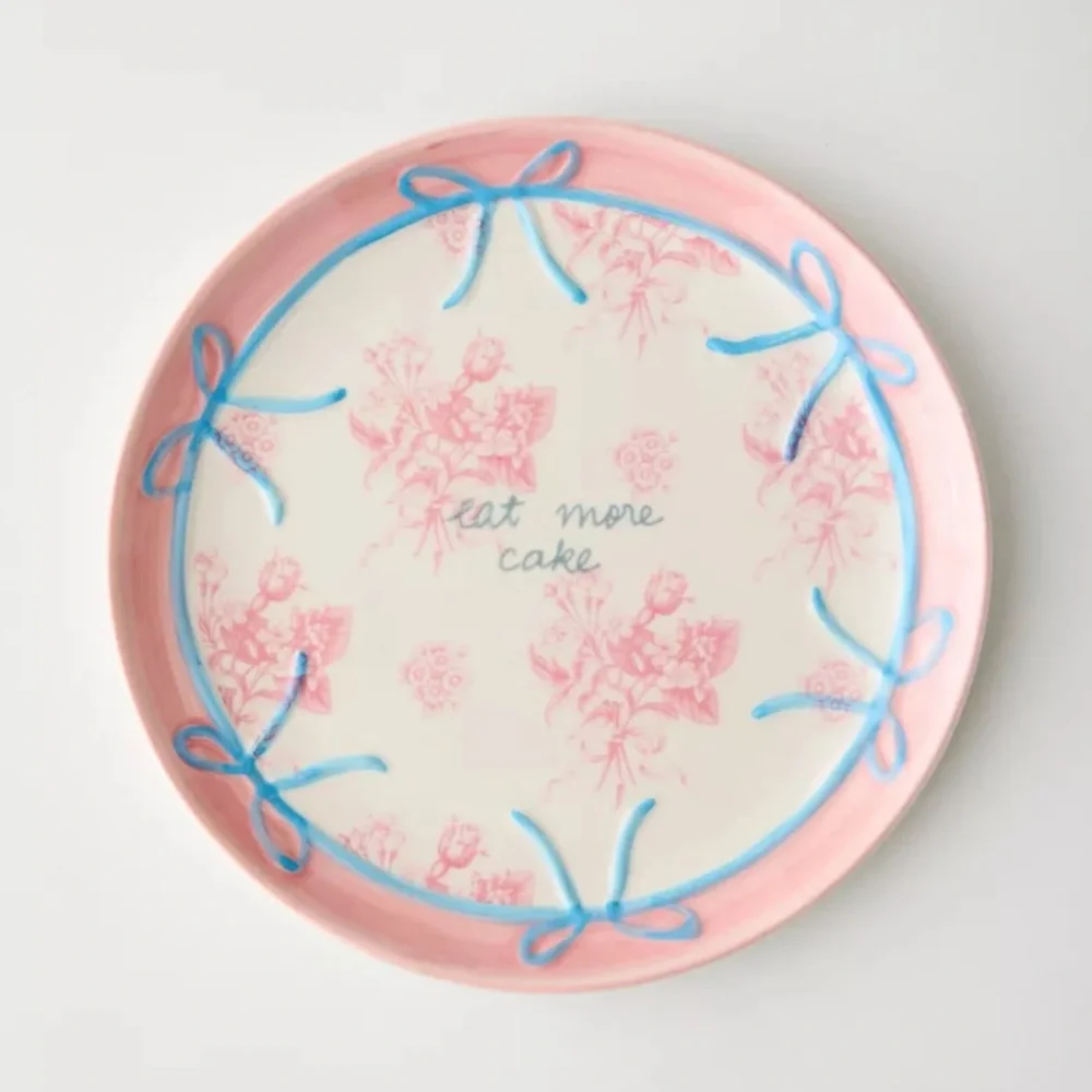 UO Eat More Cake Patterned Dinner Plate with 3D Ribbon Bows and